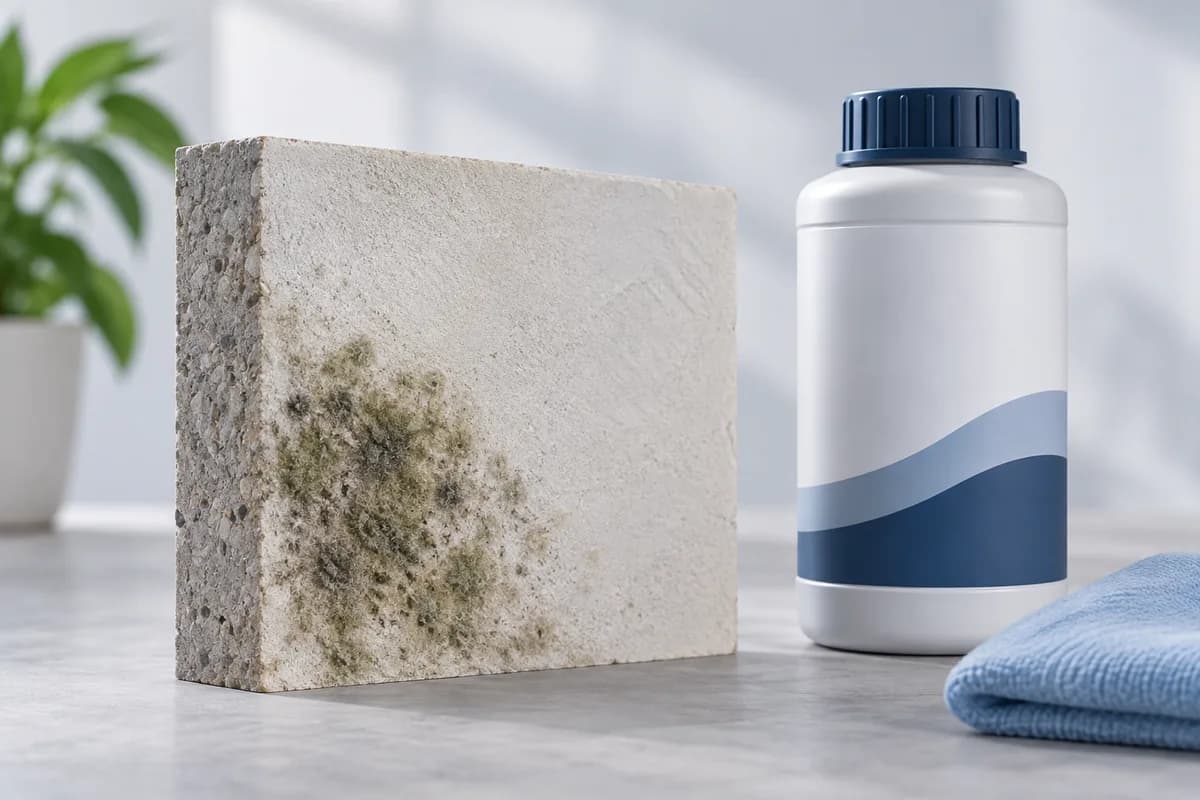 A material sample with fungal growth beside a closed treatment container.