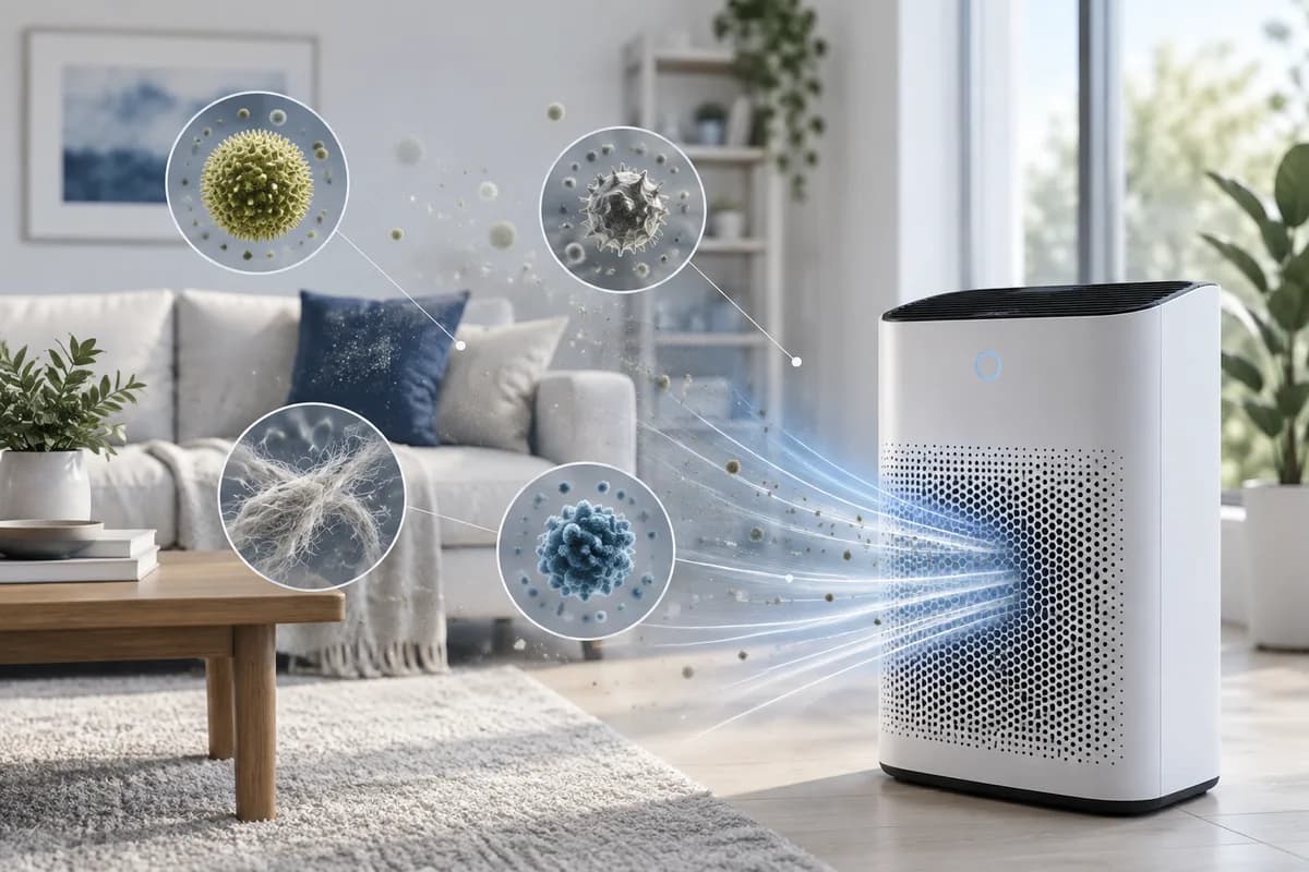 An air-filter unit drawing in room air, with enlarged particles shown for explanation.
