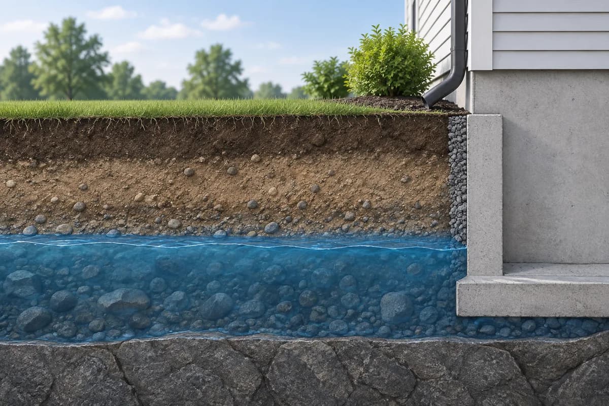 A saturated underground layer beside a house foundation in a soil cutaway.