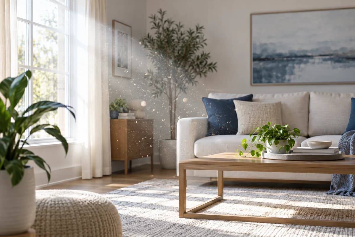 Airborne particles highlighted in the daylight of a living room.