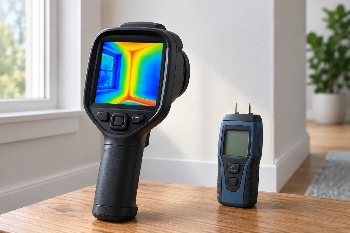 A thermal camera displaying temperature patterns beside a separate moisture meter.
