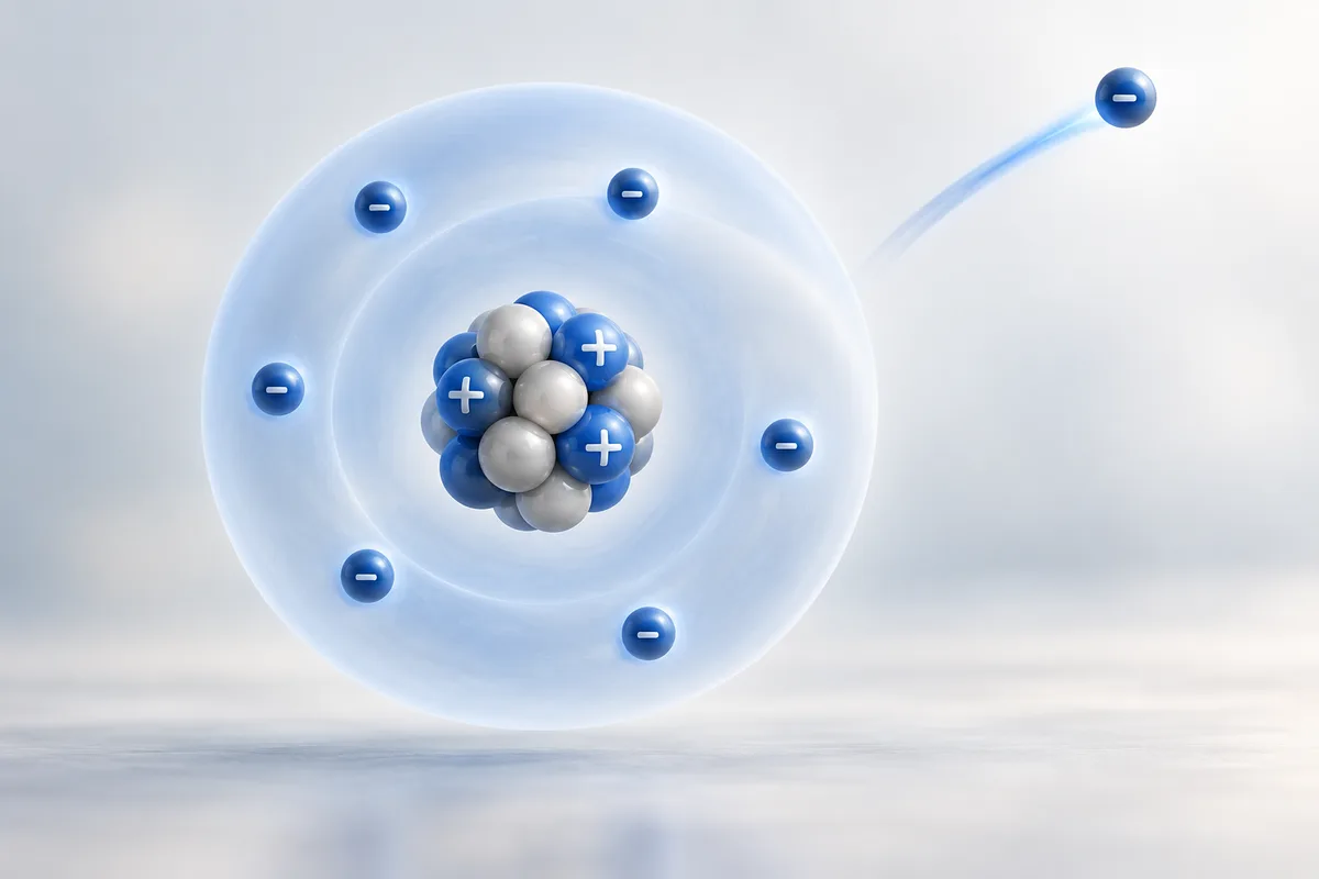 An electron separating from an atom in a simplified model of ion formation.