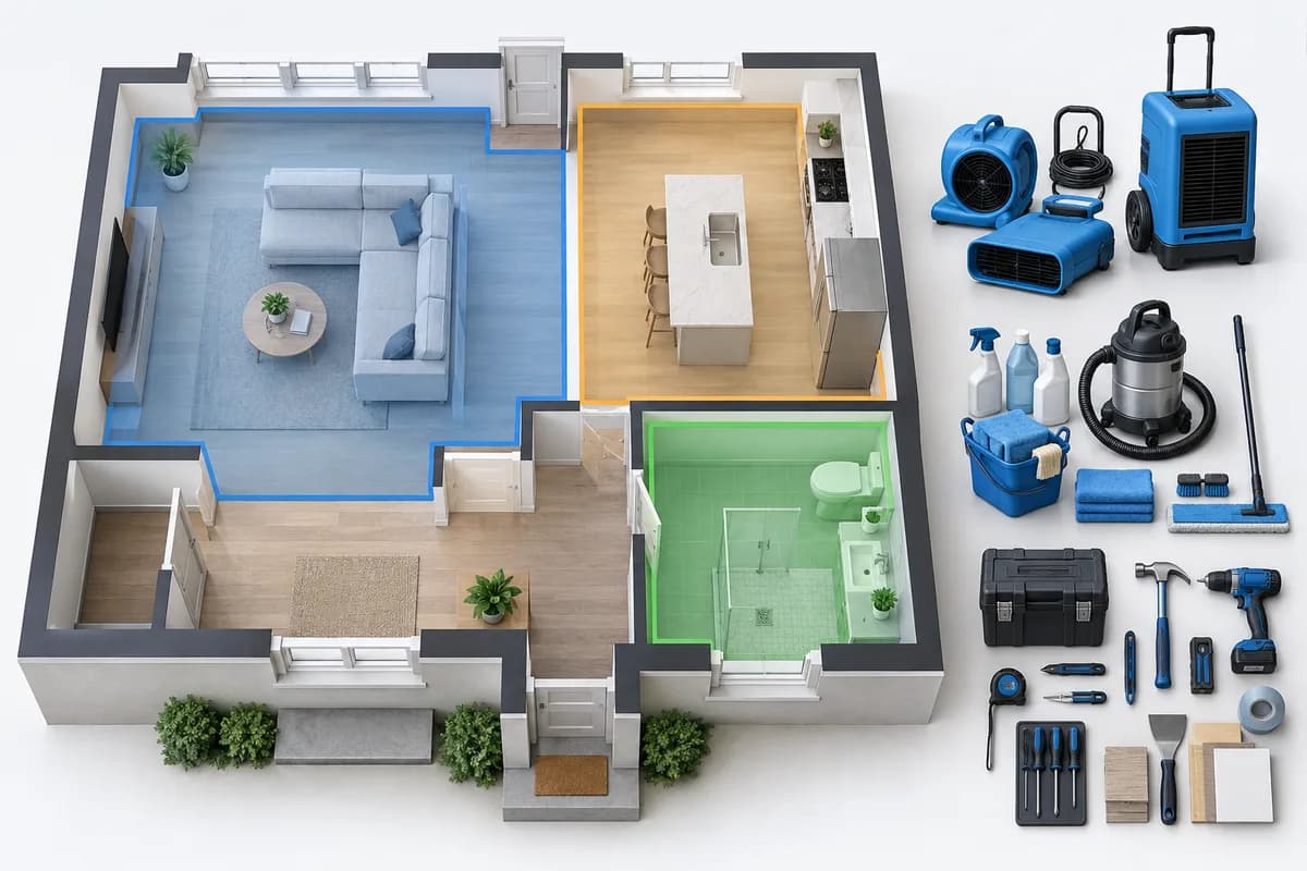 Highlighted rooms beside drying, cleaning and repair equipment to illustrate a project scope.