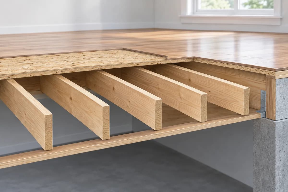 Parallel wooden floor joists supporting a subfloor in a cutaway.