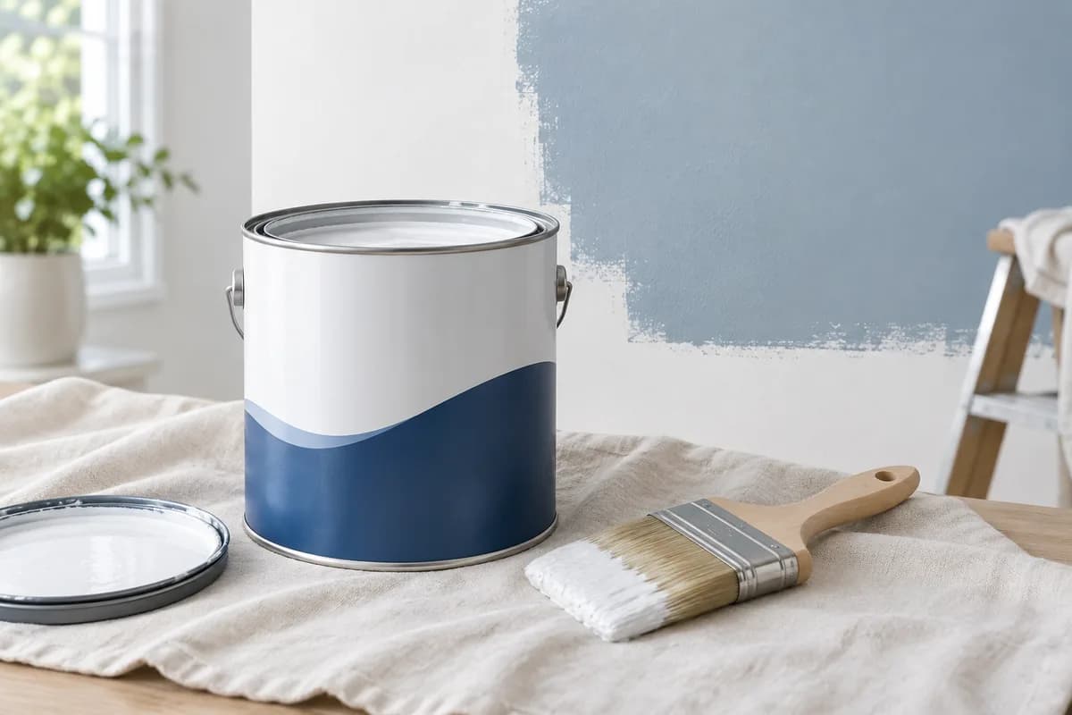 A paint can and brush beside a wall being finished with latex paint.
