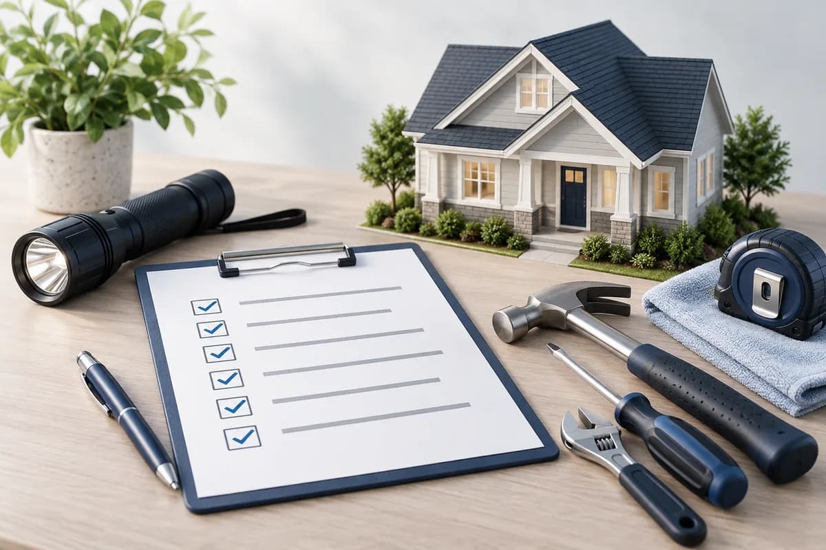 A home-maintenance checklist, flashlight and hand tools beside a house model.
