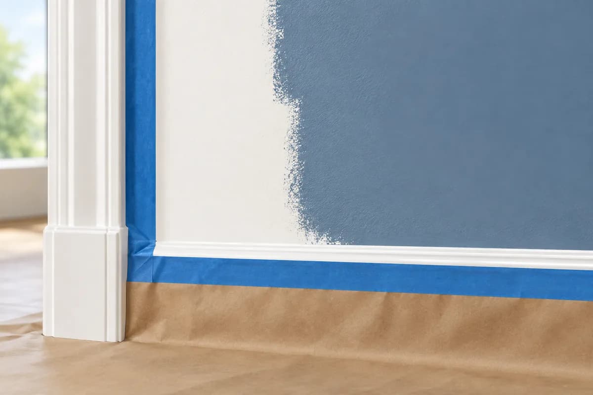 Masking tape and protective paper covering trim and flooring beside a painted wall.