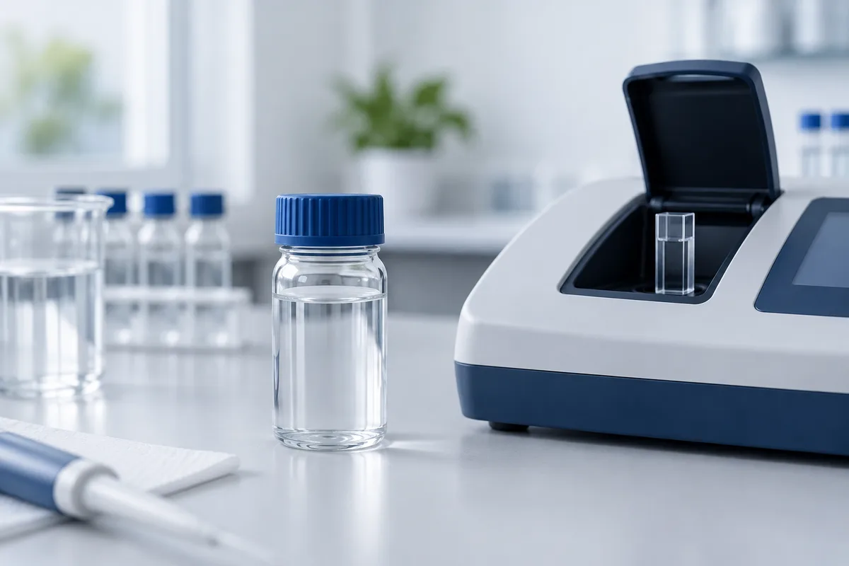 A water-sample vial beside laboratory testing equipment.