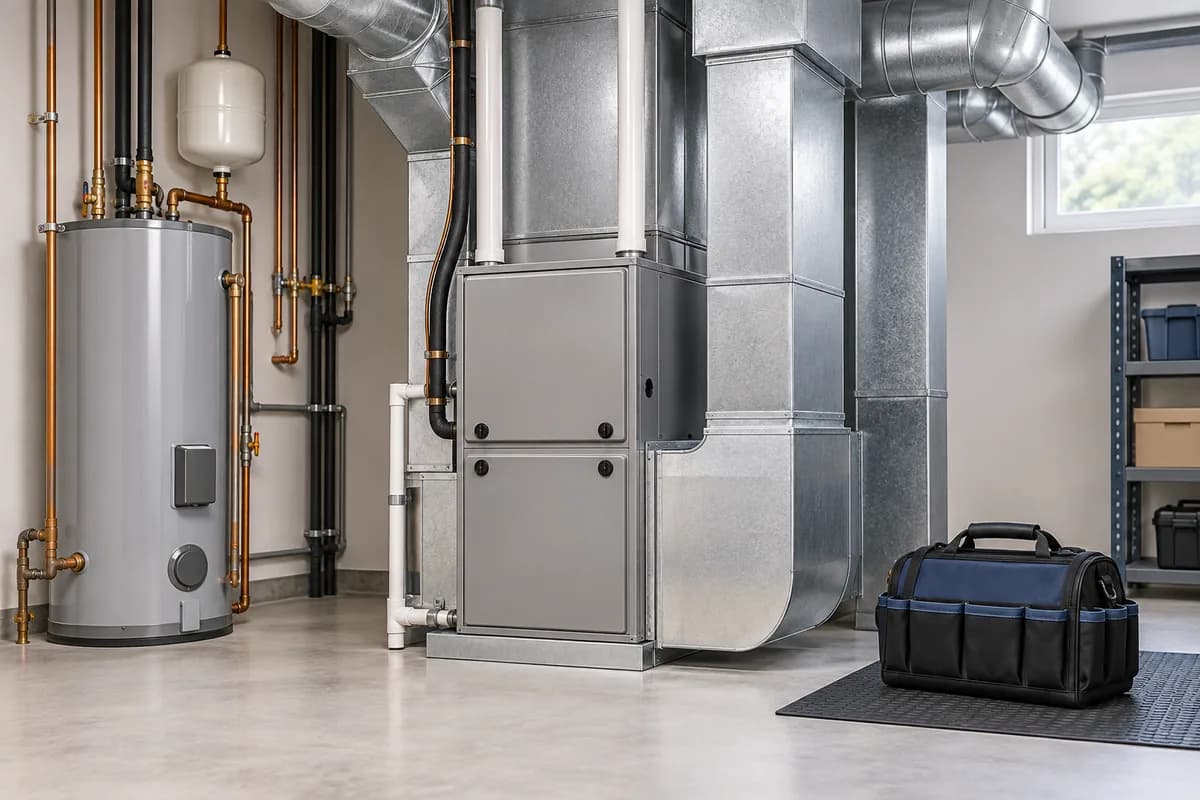 HVAC equipment, ductwork and a service-tool bag in a mechanical room.