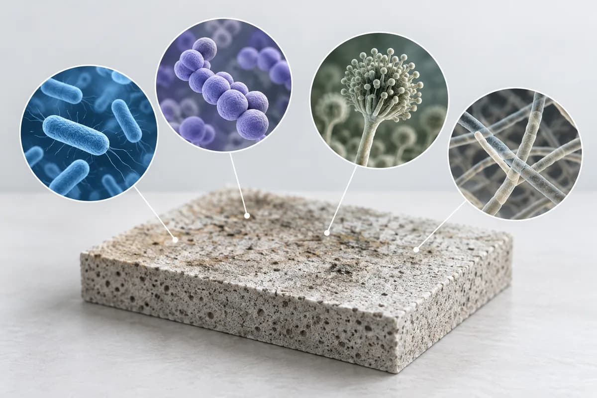 Enlarged bacterial and fungal forms above a building-material sample.