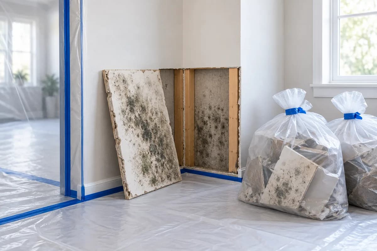 Mold-affected materials and removal bags inside a contained work area.