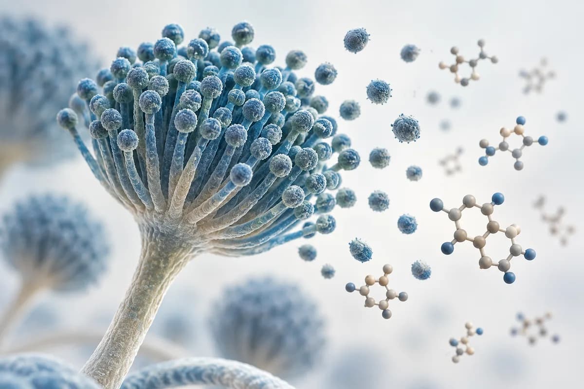 A fungal structure beside abstract molecular forms representing mycotoxins.