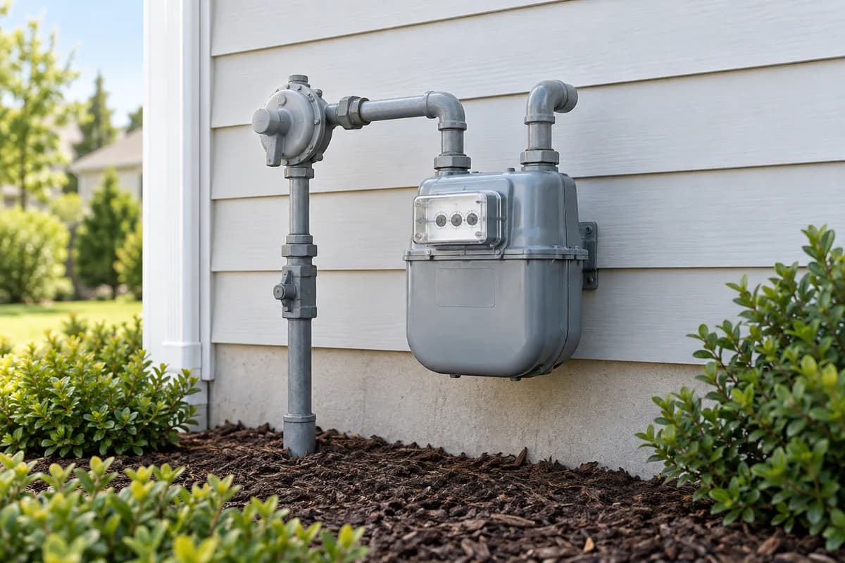 An exterior natural-gas meter and connected supply piping.