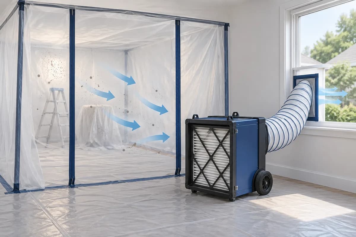 A filtered negative-air machine connected to a duct beside a temporary enclosure.