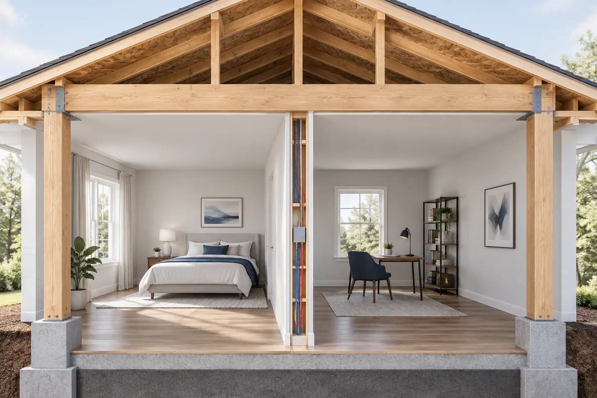An interior partition beneath a separate roof-supporting frame in a building cutaway.