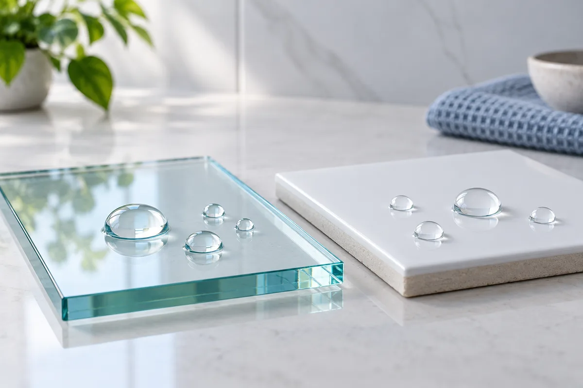 Water droplets resting on glass and glazed tile without soaking into their surfaces.