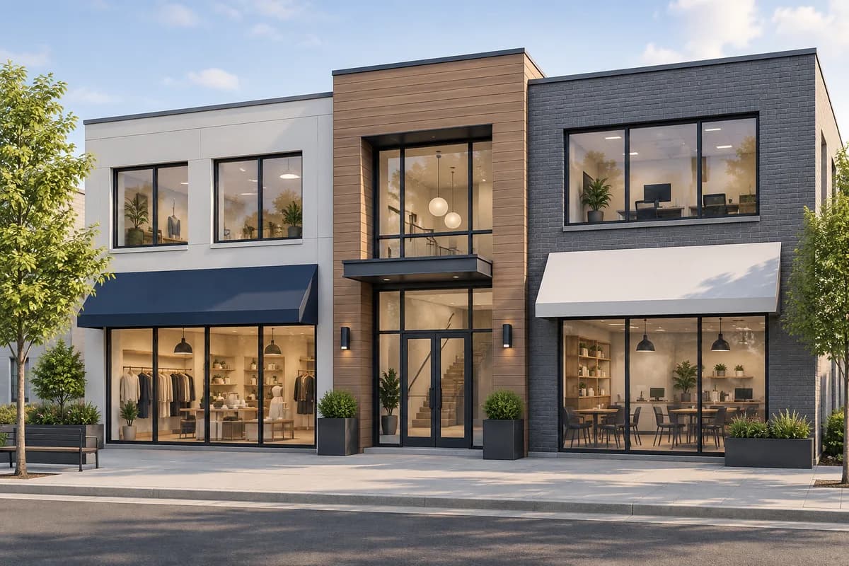 A commercial building with office windows and ground-floor storefronts.