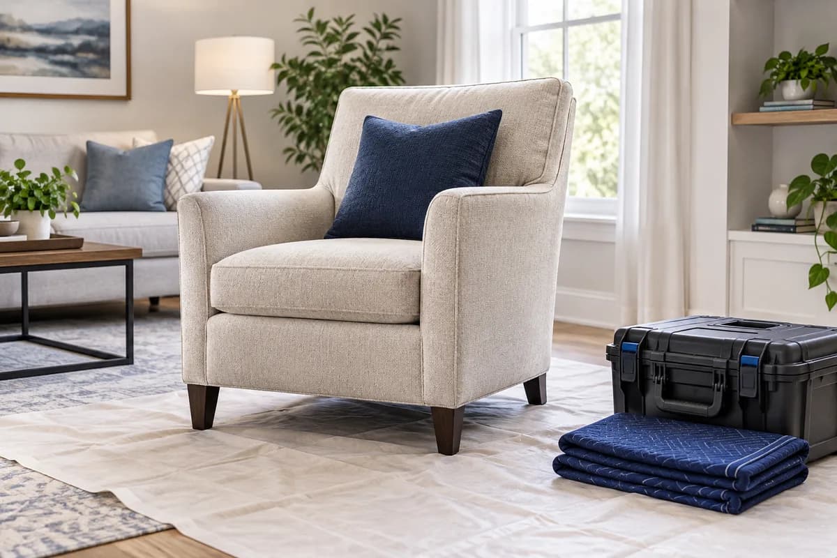 An upholstered chair and cleaning equipment arranged for assessment inside a home.