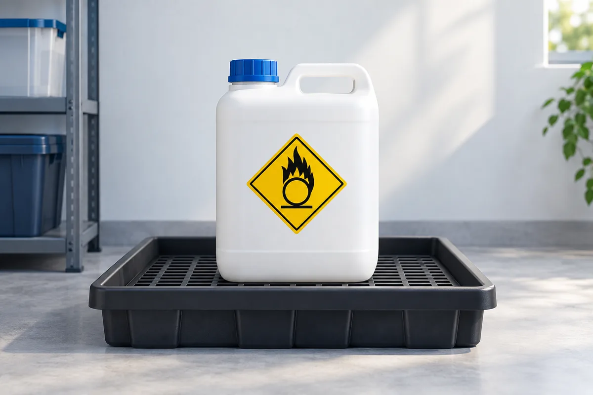 A closed chemical container bearing an oxidizer symbol on a spill-containment tray.