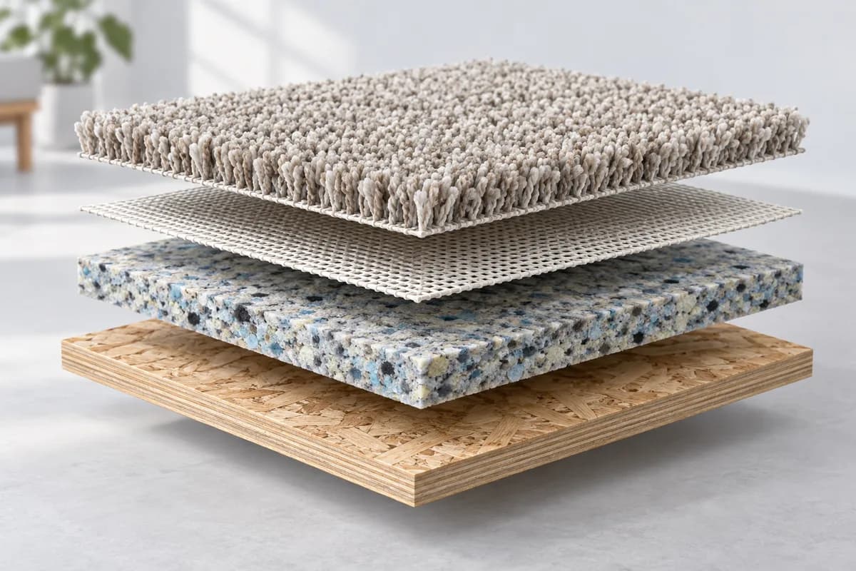 Carpet cushion between the carpet backing and subfloor in an exploded view.