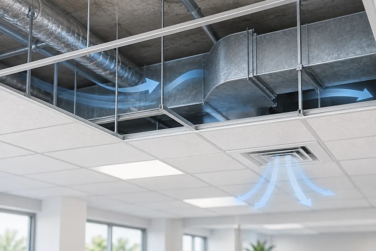 The air-handling space and ductwork above a suspended ceiling.