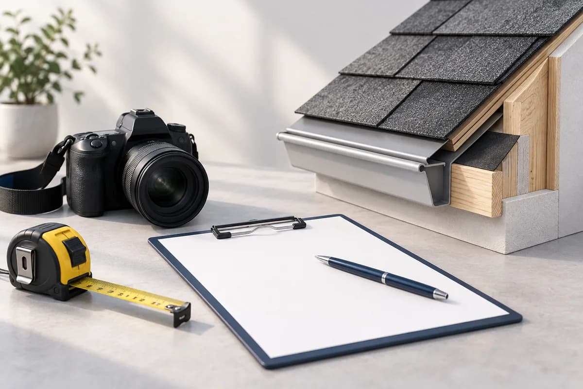 A camera, tape measure and inspection checklist beside a roof-detail model.