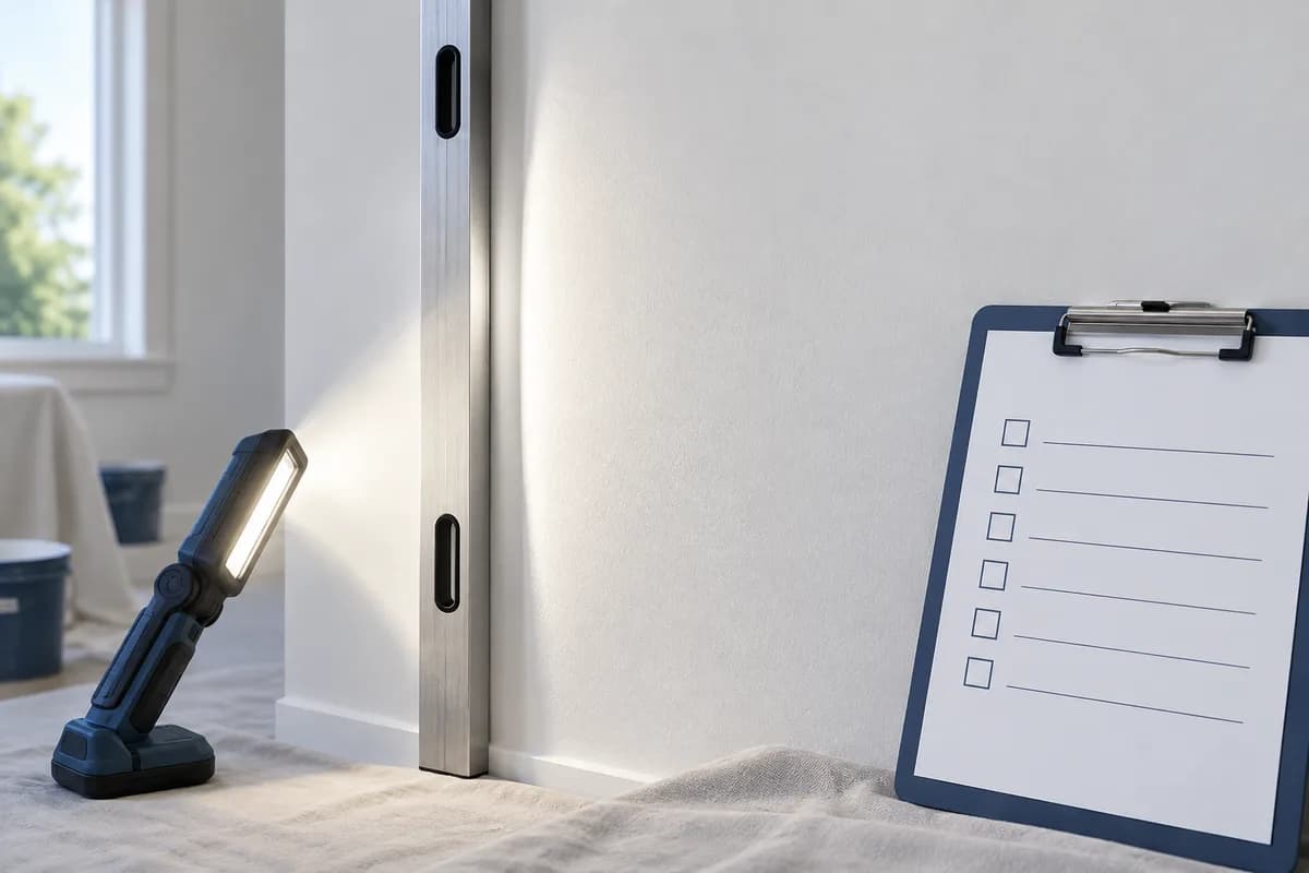 A level, inspection light and checklist beside a finished wall.