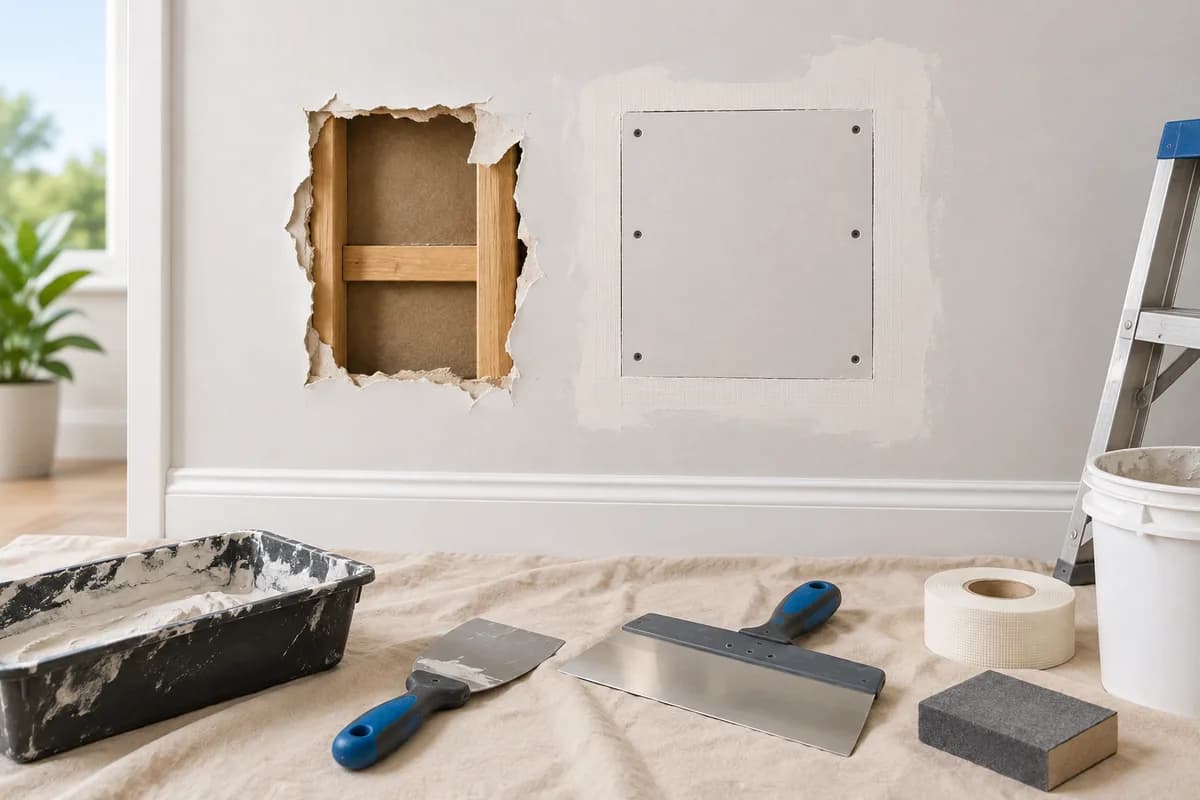 A damaged drywall opening, a fitted repair panel and finishing tools.
