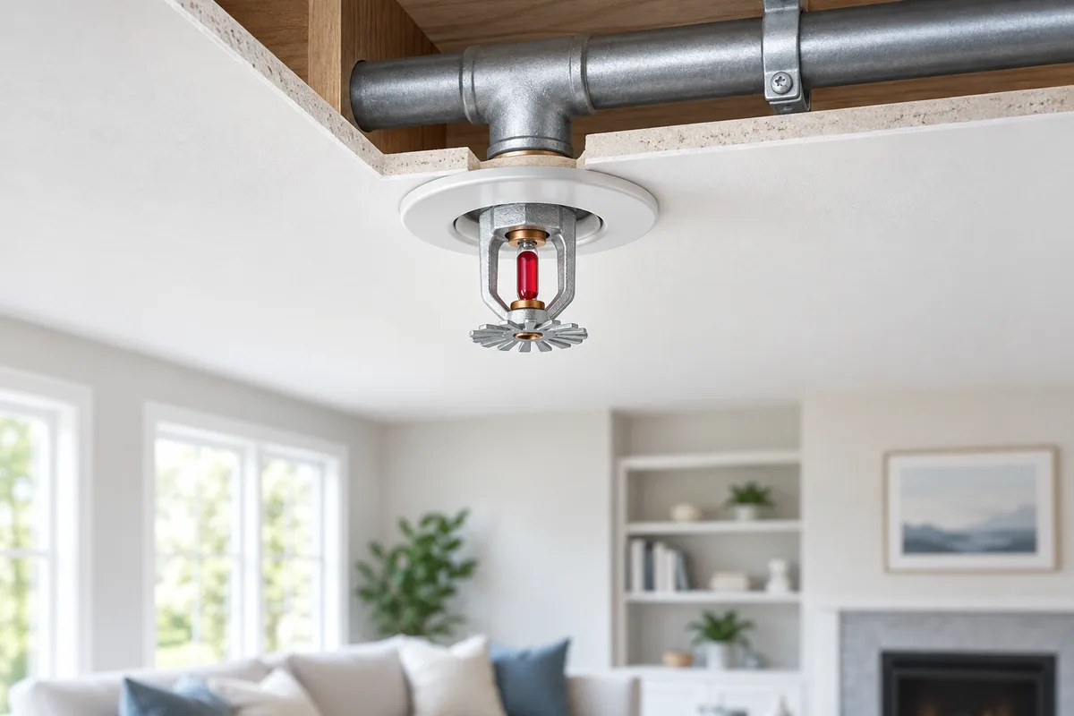 A ceiling fire-sprinkler head connected to its water-supply pipe.