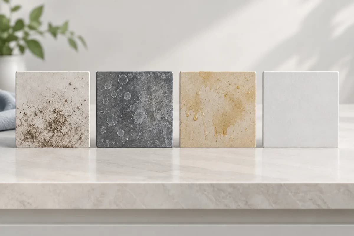 Surface samples with different deposits beside a clean comparison sample.