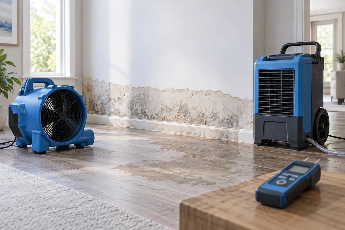 An air mover, dehumidifier and moisture meter in a water-damaged room.