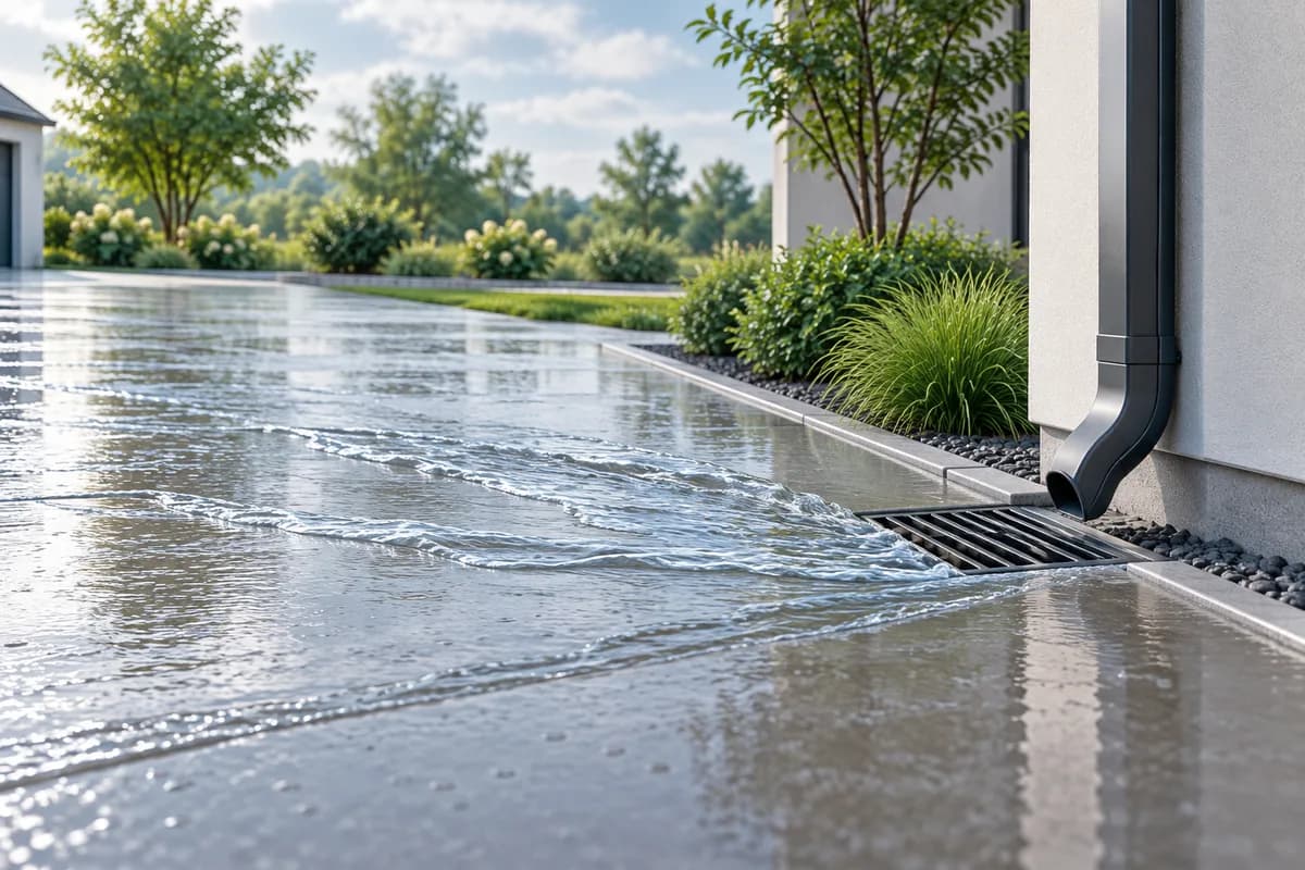 Water flowing across pavement toward a drain beside a building.