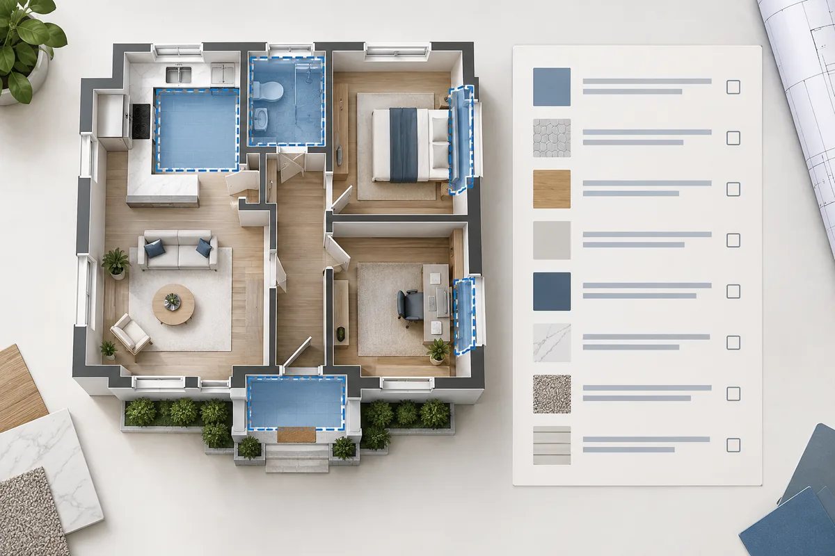 Selected work areas highlighted on a floor plan beside a project checklist.