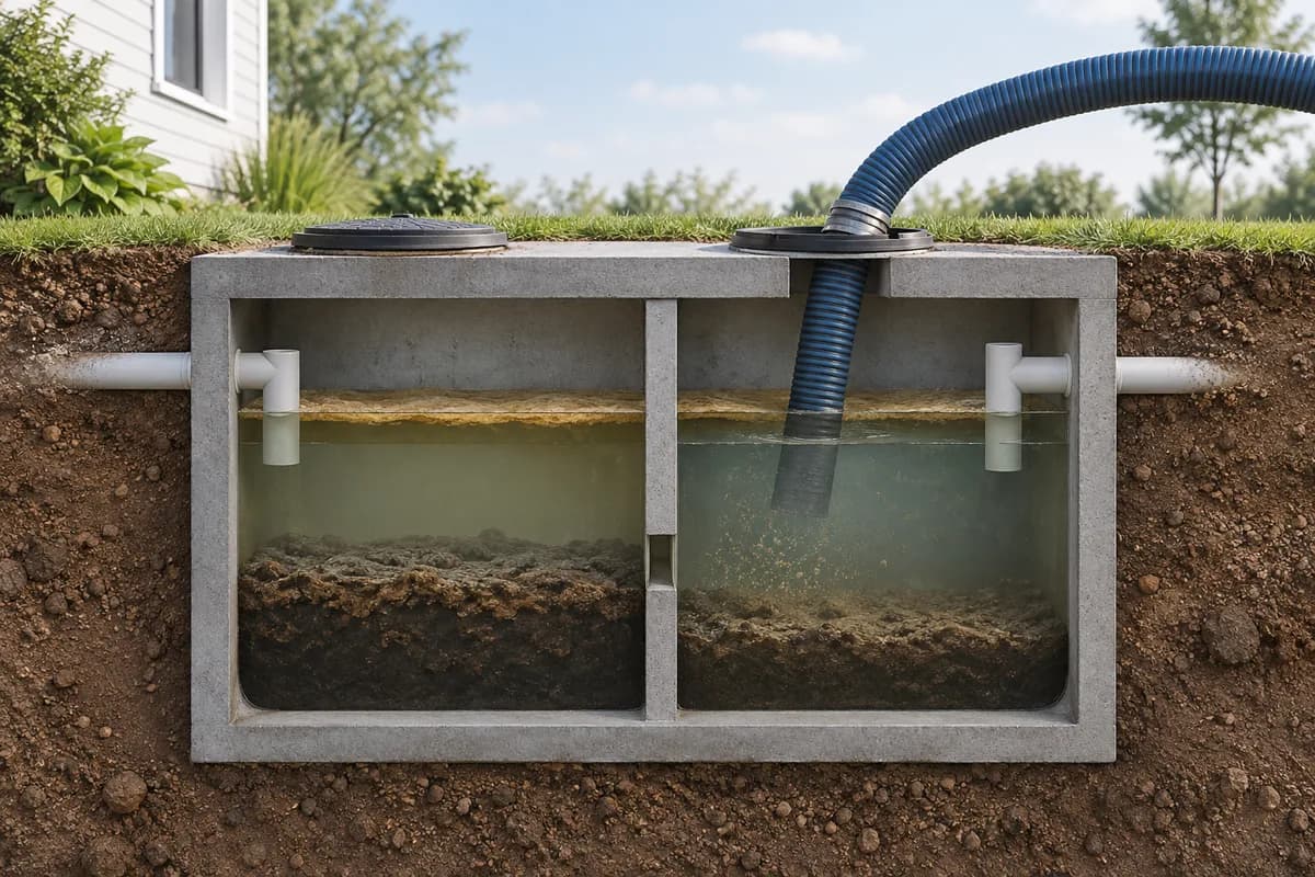 Liquid and settled material inside a septic tank with a service hose at its access opening.