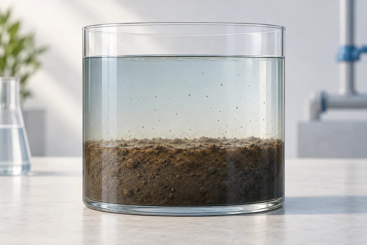 A thick sediment layer settled beneath liquid in a clear vessel.
