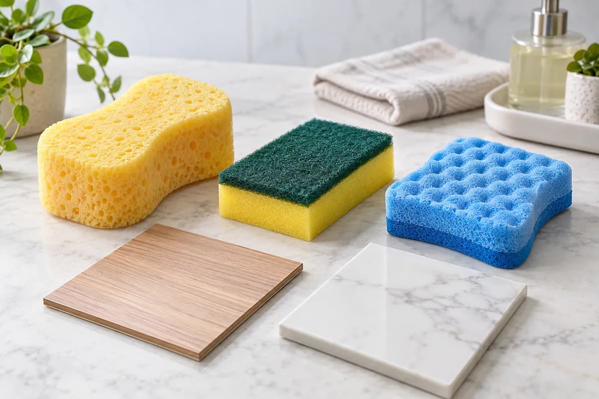 Different cleaning sponges beside wood and tile finish samples.