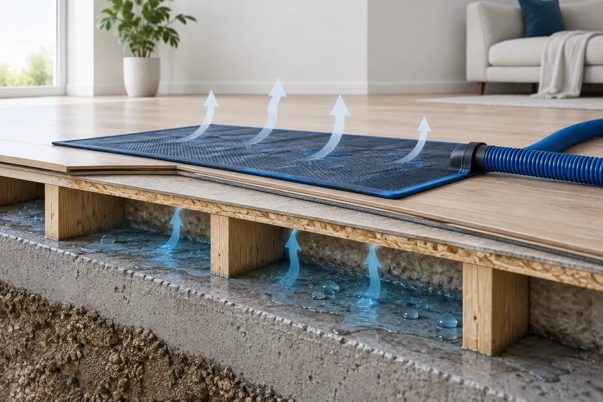 A drying mat and hose drawing moisture from beneath flooring in a cutaway.