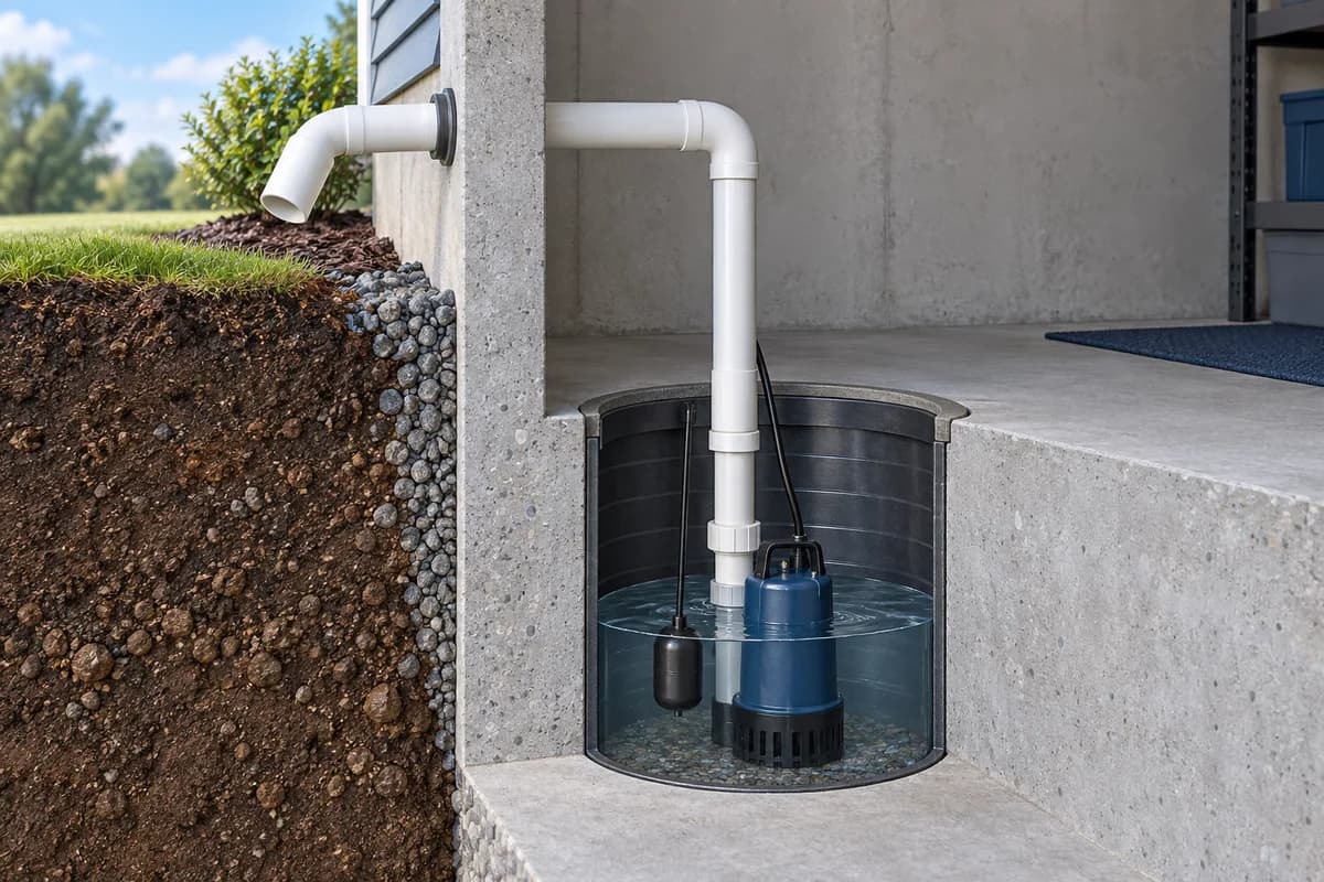 A sump-pit pump and float with a discharge pipe extending through the exterior wall.