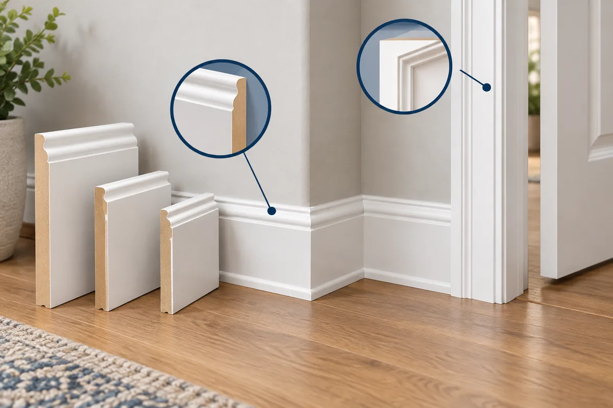 Baseboard and doorway trim profiles displayed beside installed examples.