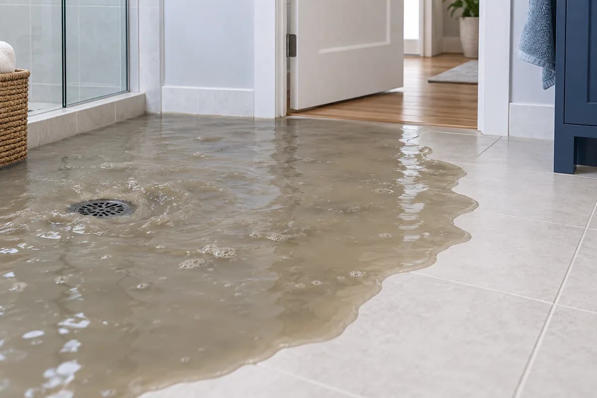 Cloudy drain-backup water spreading across a tiled floor.