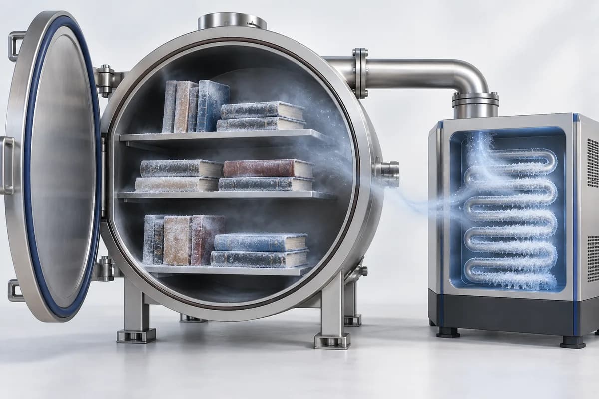 Frozen books inside a conceptual vacuum-drying chamber connected to a condenser.