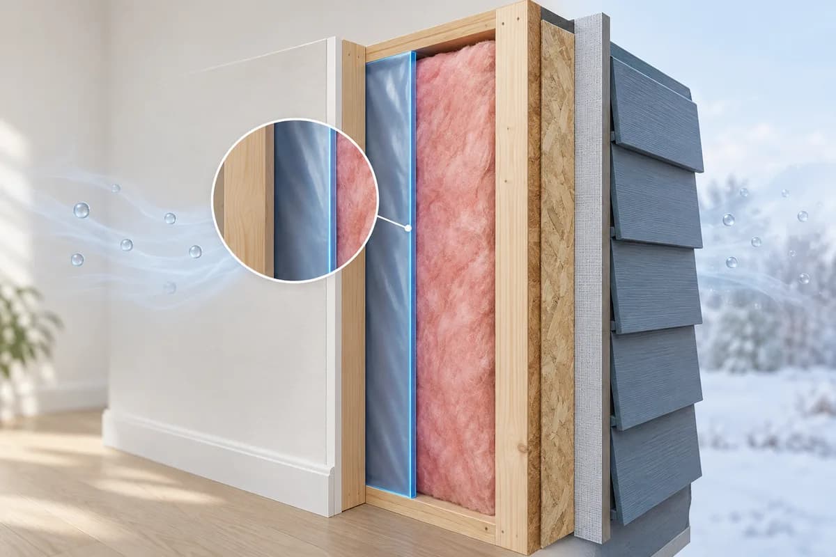A highlighted vapor-control layer within a wall assembly.