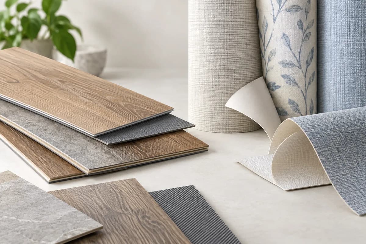 Vinyl flooring and wall-covering samples with their surfaces and backing visible.