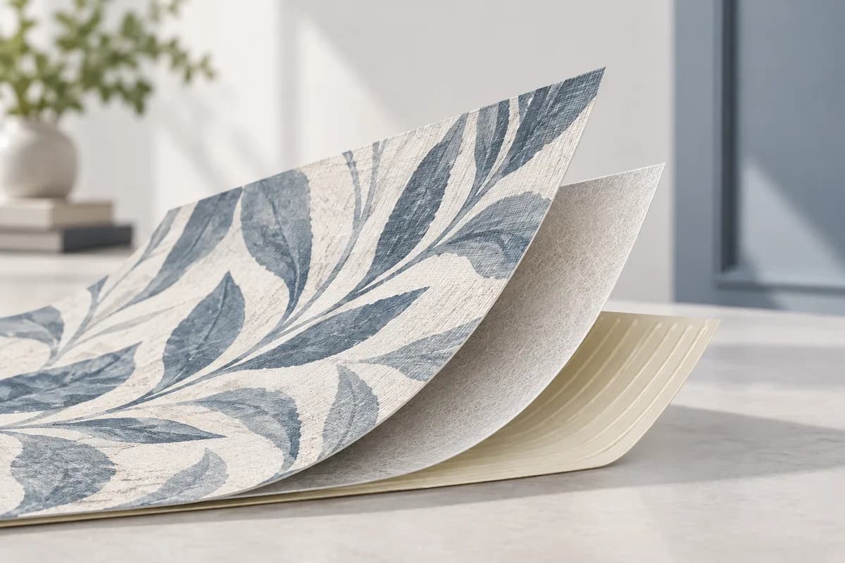 The decorative face, backing and adhesive of a wall covering separated into layers.