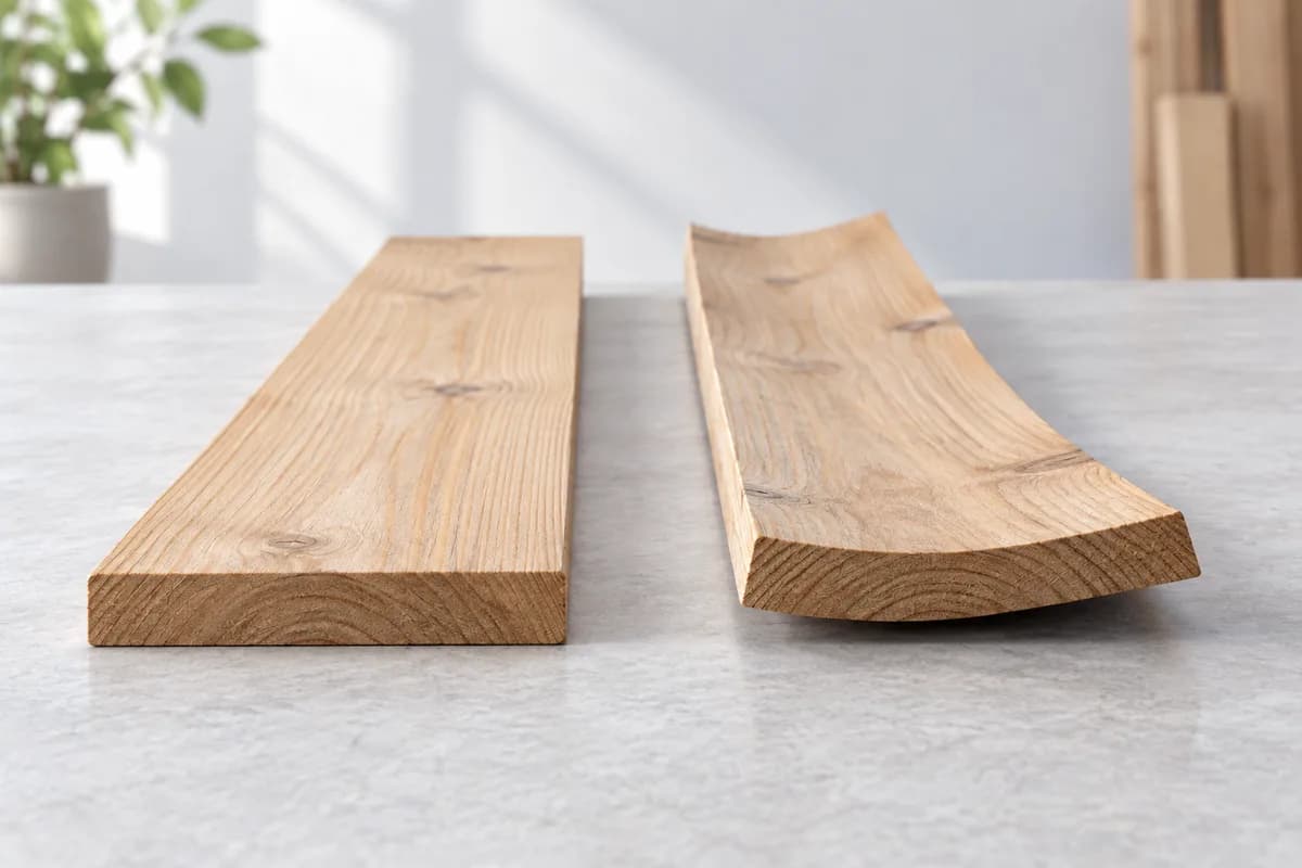 A straight wood board beside a visibly cupped and distorted board.