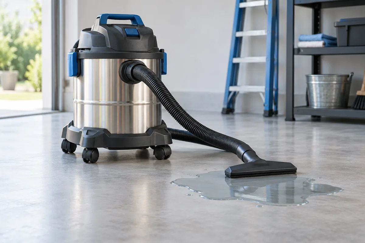 A wet/dry vacuum and floor nozzle beside a small water puddle.