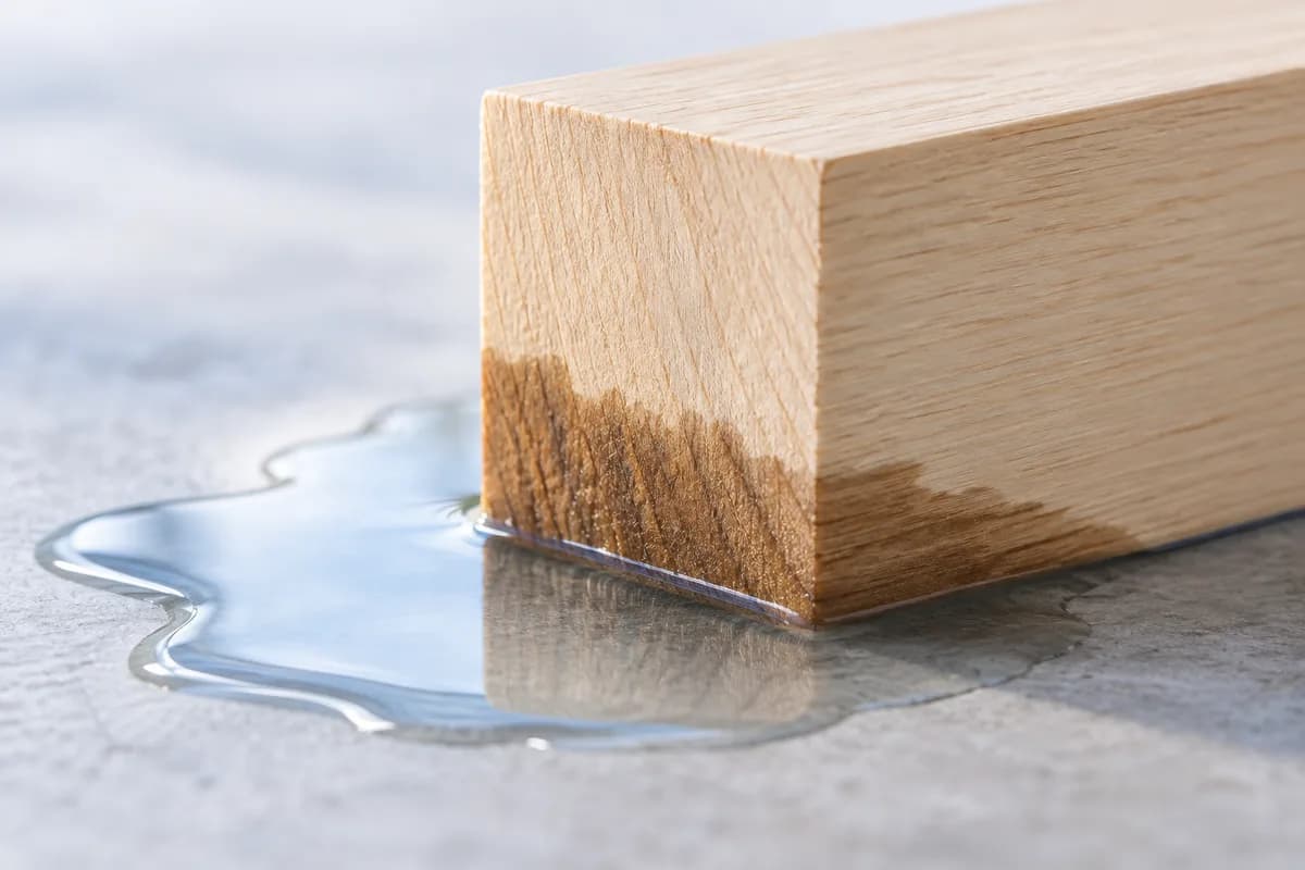 A wood block absorbing water from a puddle along its lower edge.