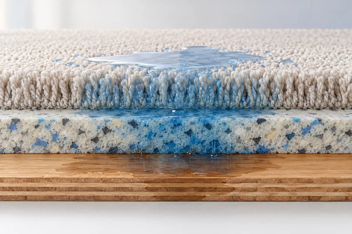 Water soaking through layers of carpet, cushion and wood subfloor.