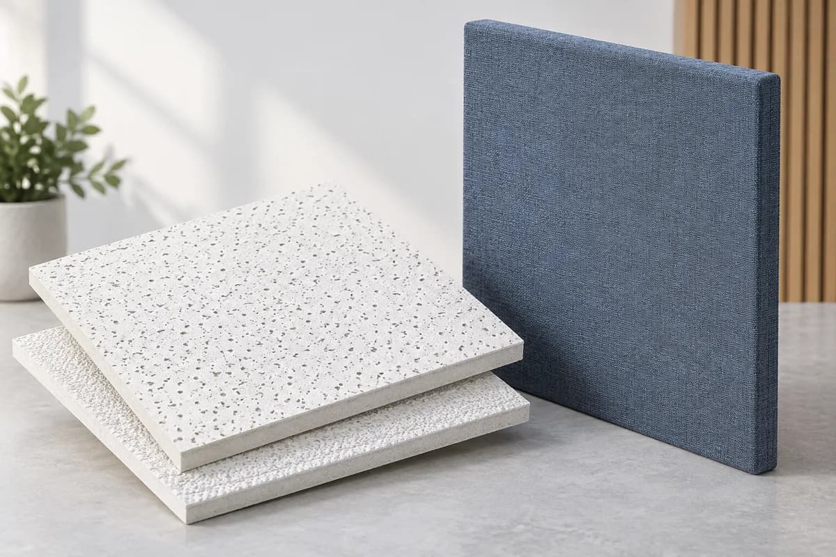 Acoustic ceiling tiles and a fabric wall panel displayed as material samples.
