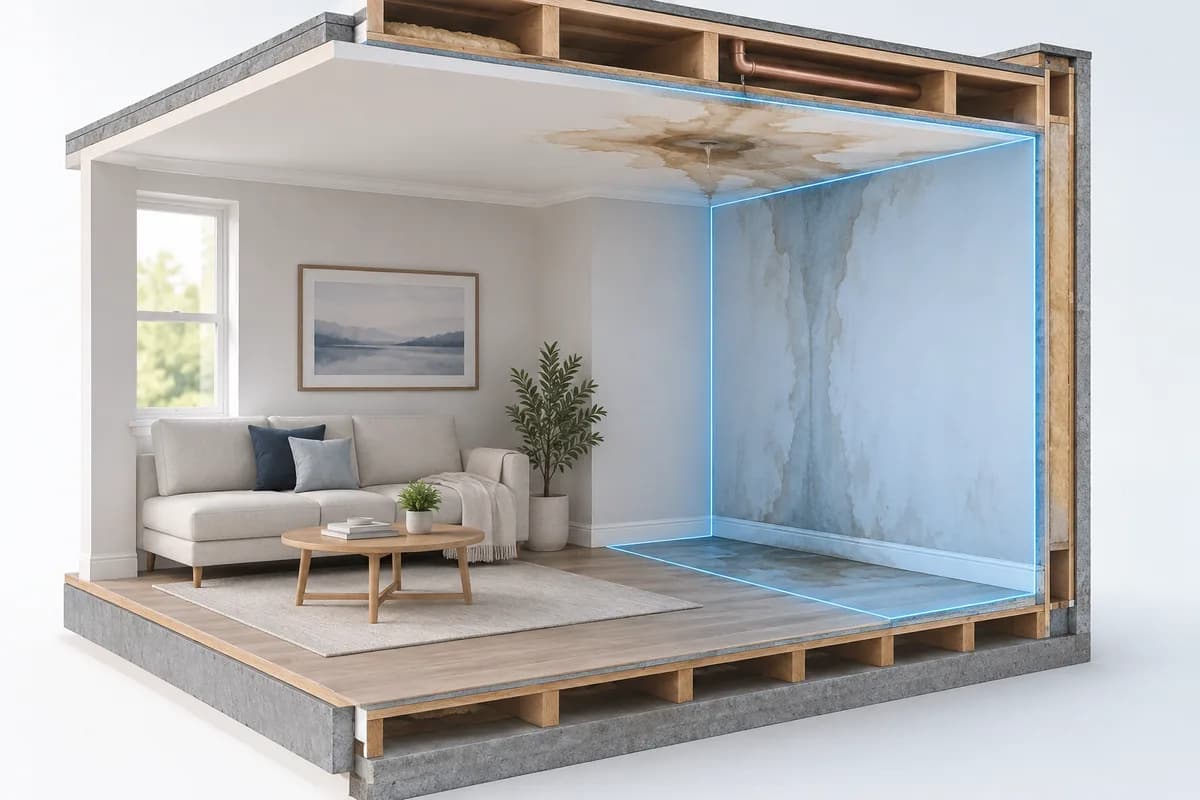 A room cutaway highlighting the ceiling, wall and floor affected by a leak.